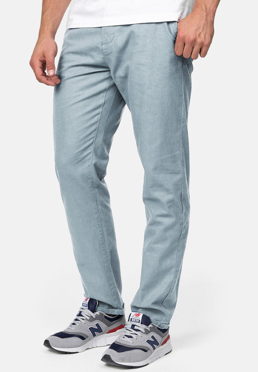 Indicode men's Haverfield trousers made of 55% linen & 45% cotton with 4 pockets incl. belt