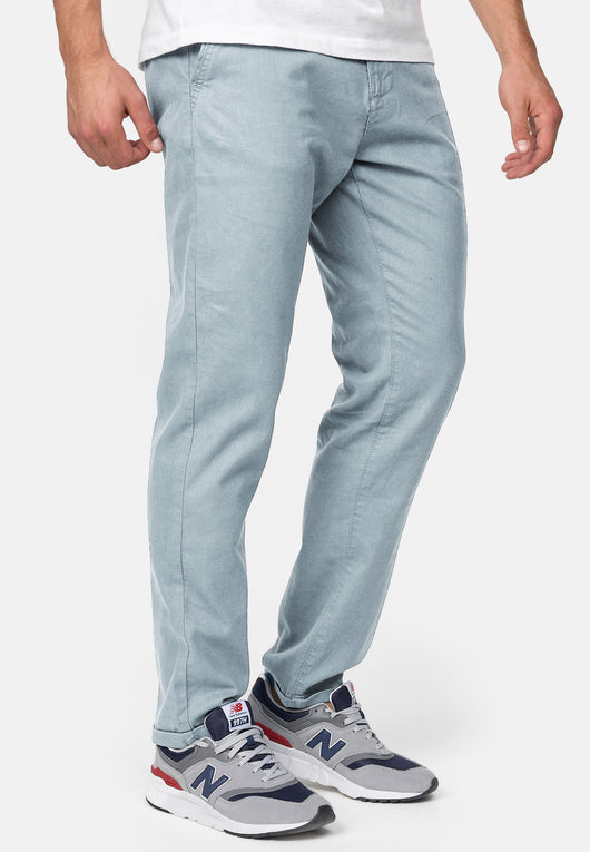 Indicode men's Haverfield trousers made of 55% linen & 45% cotton with 4 pockets incl. belt