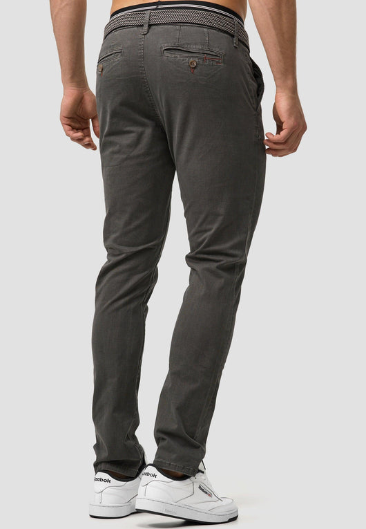 Indicode men's early chinos with 4 pockets incl. belt made of 98% cotton