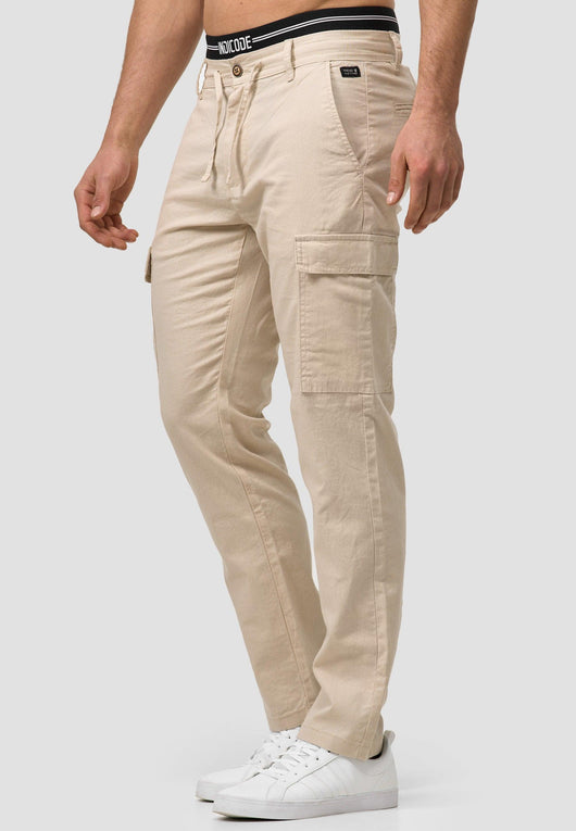 Indicode Men's Leonardo 55% Linen & 45% Cotton 6 Pocket Cargo Trousers
