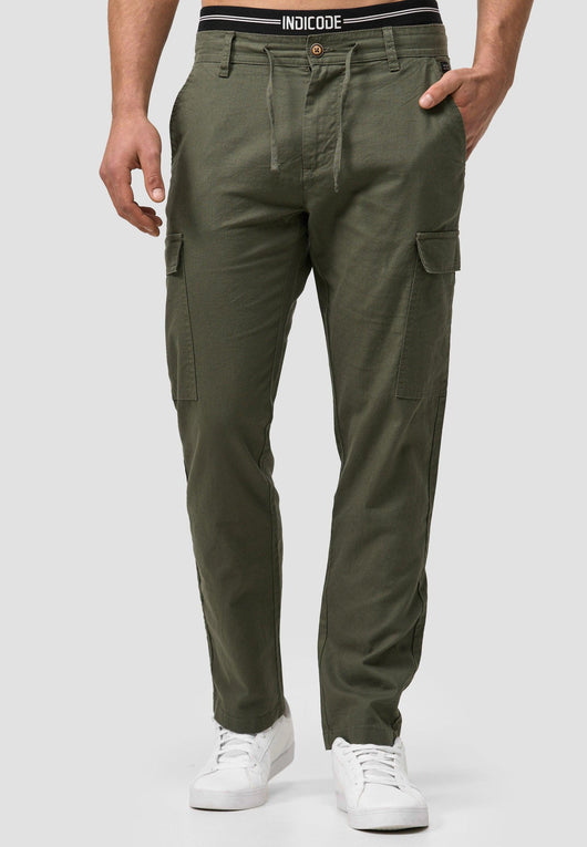 Indicode Men's Leonardo 55% Linen & 45% Cotton 6 Pocket Cargo Trousers