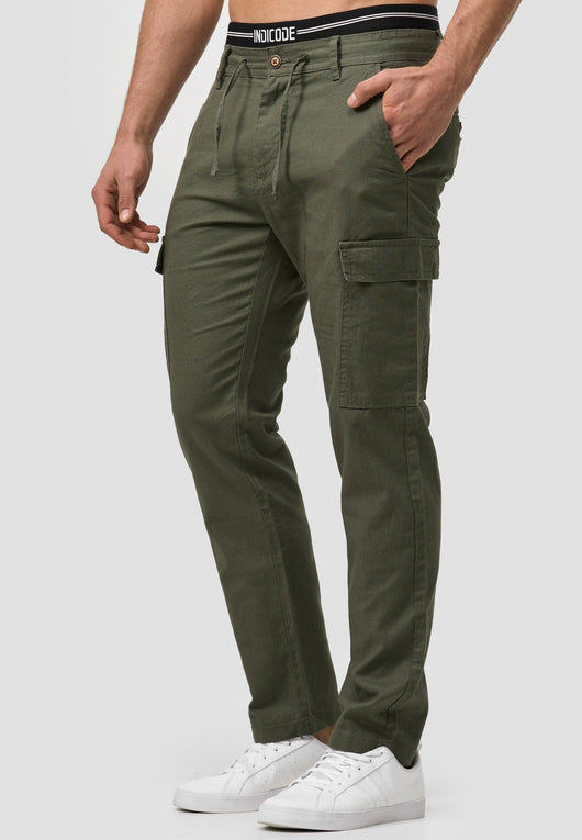 Indicode Men's Leonardo 55% Linen & 45% Cotton 6 Pocket Cargo Trousers
