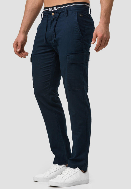 Indicode Men's Leonardo 55% Linen & 45% Cotton 6 Pocket Cargo Trousers