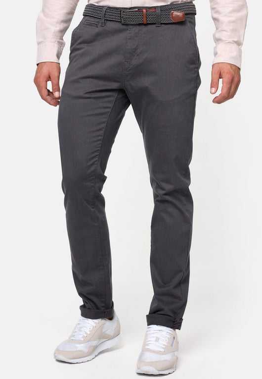 Indicode men's early chinos with 4 pockets incl. belt made of 98% cotton