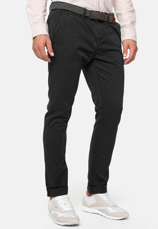 Indicode men's early chinos with 4 pockets incl. belt made of 98% cotton