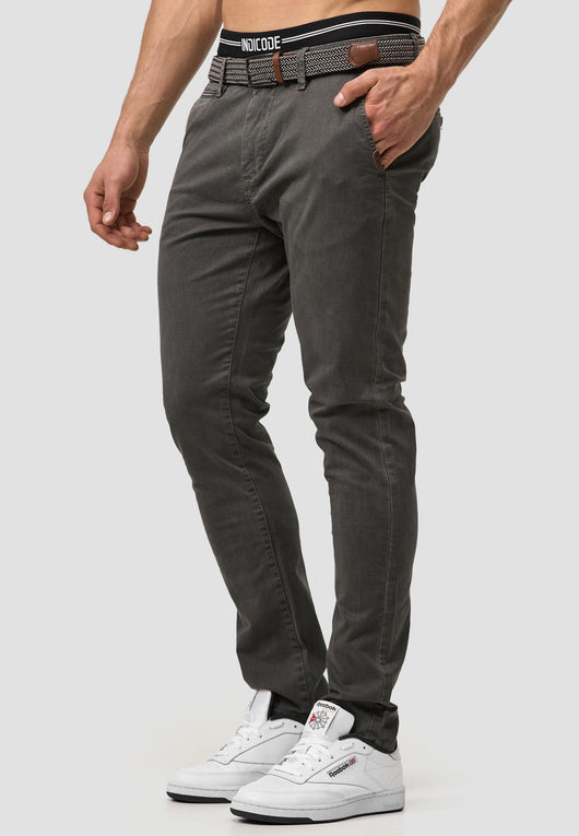 Indicode men's early chinos with 4 pockets incl. belt made of 98% cotton